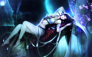 black haired animated woman lying near pink flowers