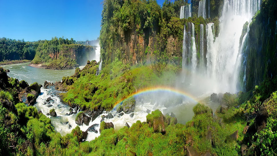 photo of waterfalls, nature, landscape, waterfall, rainbows HD wallpaper