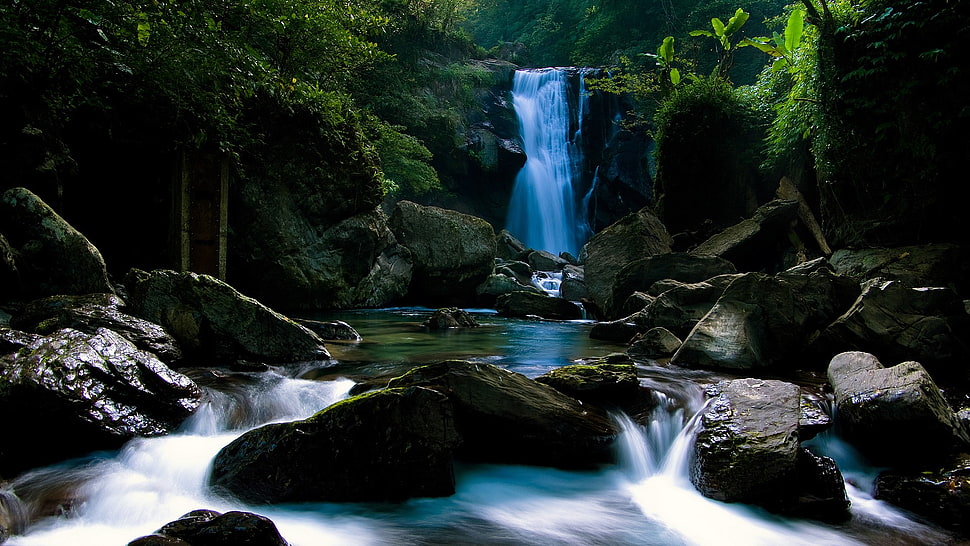 waterfalls and rocks, water, forest, trees, waterfall HD wallpaper