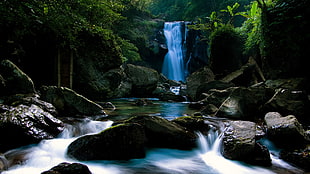 waterfalls and rocks, water, forest, trees, waterfall