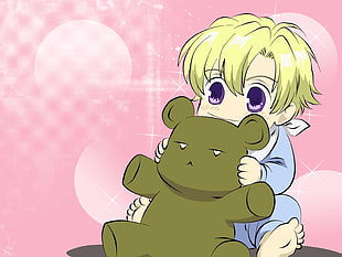 boy holding bear plush toy anime character digital wallpaper