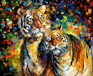 painting of two orange tigers, tiger, painting, Leonid Afremov, animals