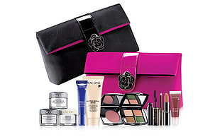 assorted makeup with two leather bags HD wallpaper