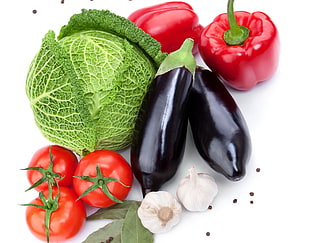 tomato, cabbage, eggplant and bell peppers HD wallpaper