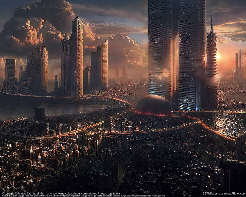 city and buildings digital wallpaper, futuristic city, digital art, sky, clouds HD wallpaper