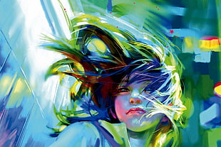green and multicolored girl abstract painting