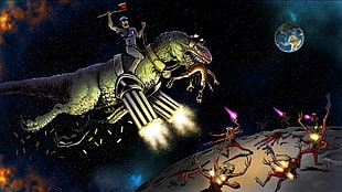 man riding dinosaur illustration, space, dinosaurs, humor, Axe Cop HD wallpaper