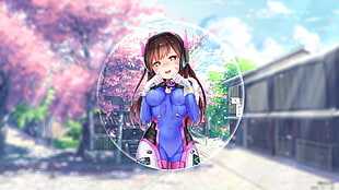 brunette-haired woman wearing purple and pink costume anime character