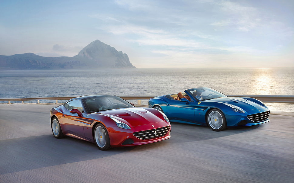 two blue and red sport cars, Ferrari California T, Convertible, road, sea HD wallpaper