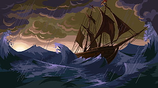 galleon ship illustration, pixels, pixel art, ship, sailing ship