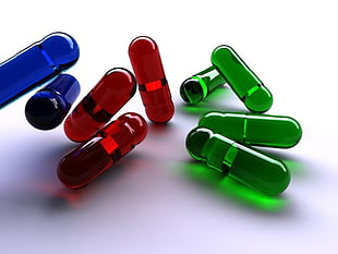 blue, red, and green pills, pills