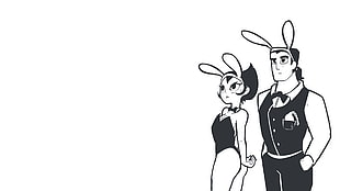 two male and female characters illustration, Samurai Jack, simple background, jacket, bunny suit