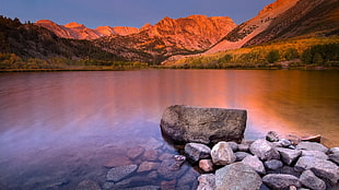 gray and brown rocks, nature, lake, mountains, stones