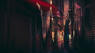 gray shutter door, alleyway, Japan, abstract, vaporwave