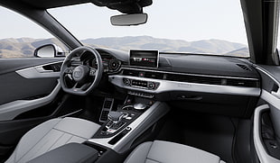 black and grey Audi car interior with 2-DIN stereo
