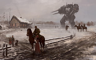 robot near cowboys painting, mech, science fiction, horse, robot