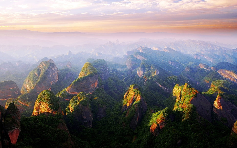 landscape photography of mountains, sunset, mountains, China, mist HD wallpaper