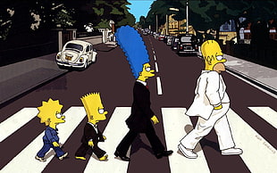 The Simpsons Abbey Road illustration, The Simpsons, Homer Simpson, cartoon, Marge Simpson