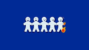 five white paper men illustration, simple, humor, paper, burning