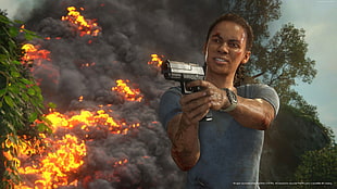 closeup photo of woman holding gun game HD wallpaper