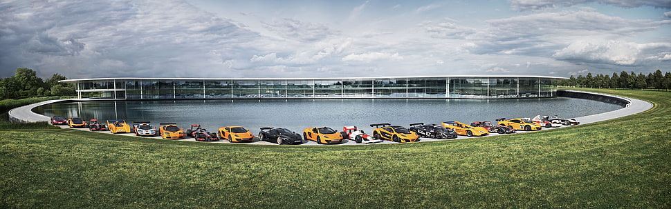assorted-color of cars, McLaren Technology Centre, car, McLaren MP4-12C, McLaren M1B HD wallpaper