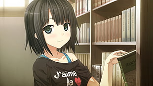 girl anime character wearing black shirt with J'aime La illustration