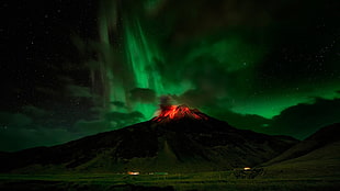 black volcano, nature, aurorae, volcano HD wallpaper