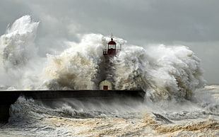 red lighthouse, lighthouse, sea, waves, nature