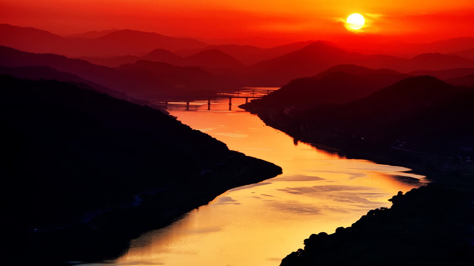 river near forest, landscape, sunset, sunlight, river HD wallpaper