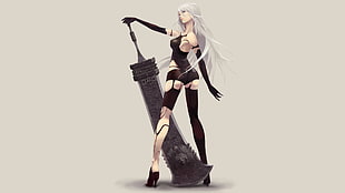 white haired girl game character holding a black sword