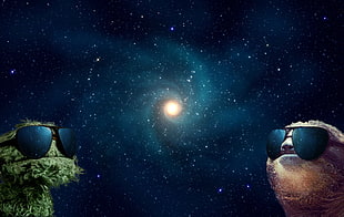 moon and stars above two green and brown creatures wearing black sunglasses, galaxy, space, stars, digital art
