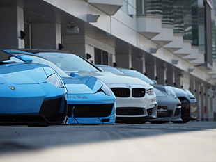 five assorted-color cars, Lamborghini, Lamborghini Aventador, Porsche, BMW