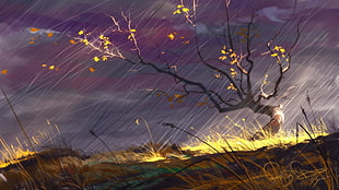 withered tree on rain painting, digital art, drawing, landscape, nature