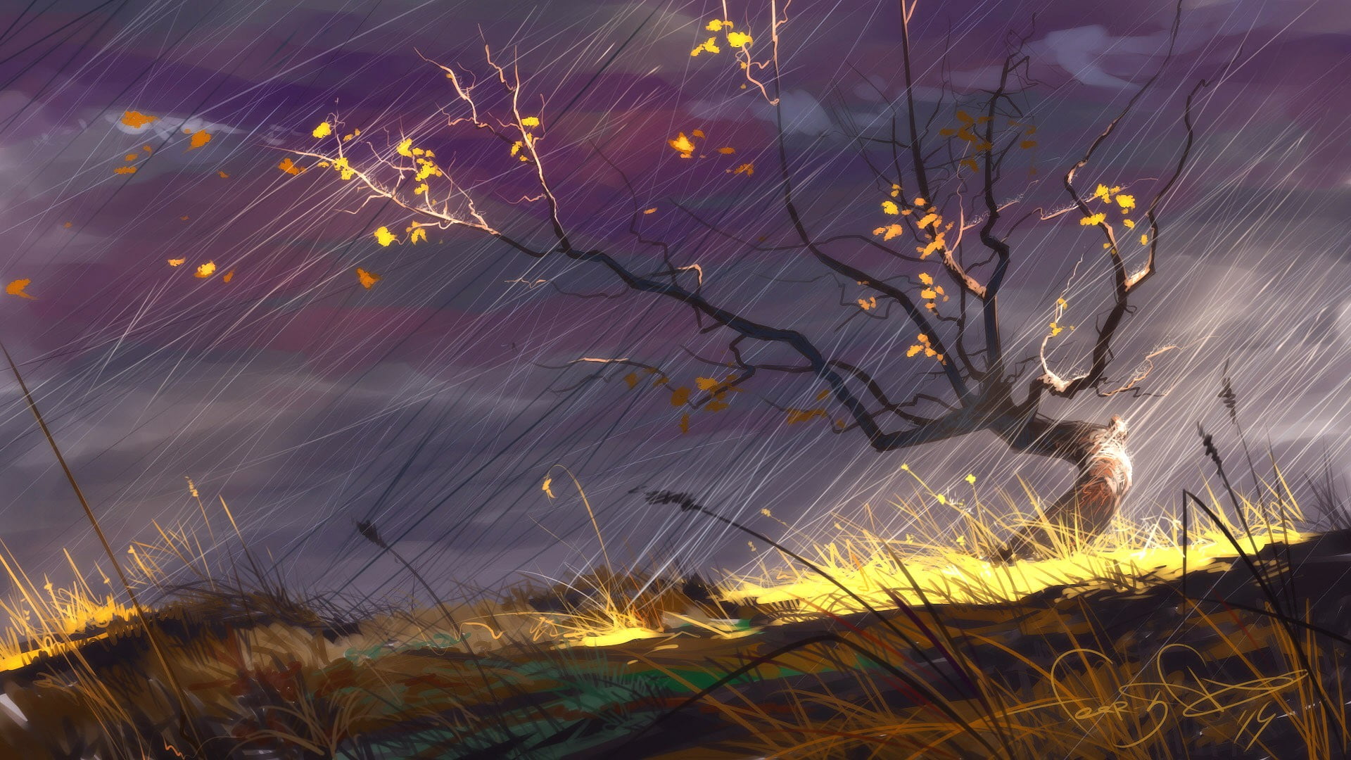 Online crop | withered tree on rain painting, digital art, drawing