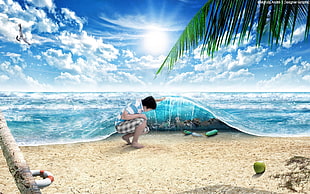man at seashore holding the wave during daytime painting HD wallpaper