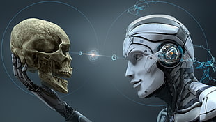 robot and skull illustration, digital art, skull, machine, robot