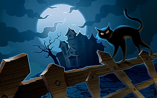 digital wallpaper of a cat on wooden fence with haunted castle background, cat, night, Moon, fantasy art HD wallpaper