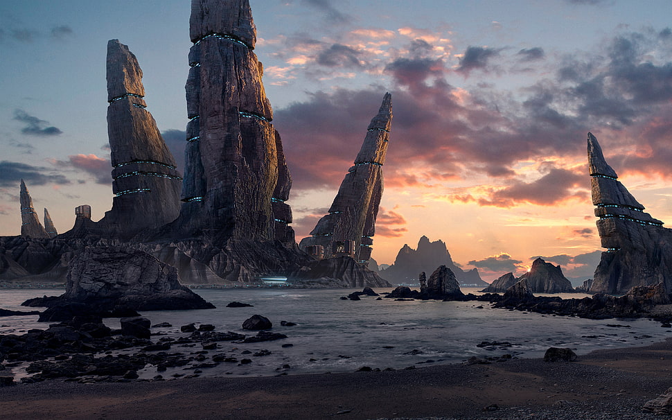 gray rock mountains 3D videogame HD wallpaper