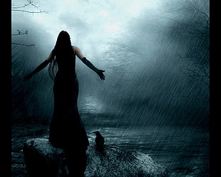 female standing while raining illustration HD wallpaper