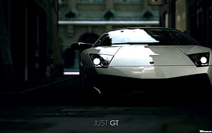 white car with text overlay, Lamborghini, Lamborghini Murcielago, car, Gran Turismo 5 HD wallpaper