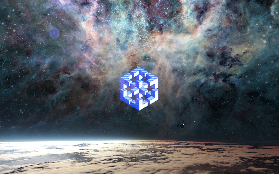 blue cube wallpaper, space, nebula, planet, logo HD wallpaper