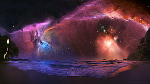 body of water under colorful cloudy night sky, sea, nebula