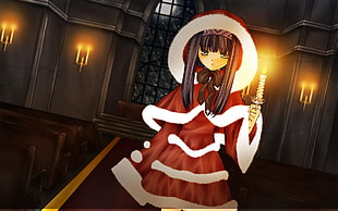 female anime character in red and white hood dress holding a candle