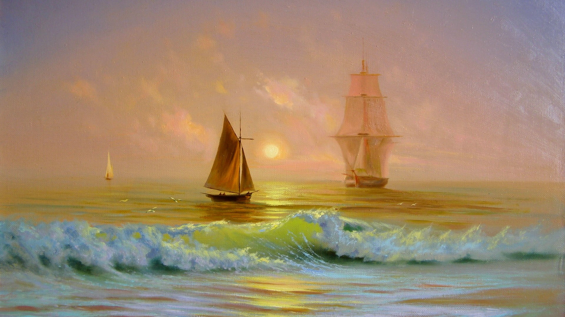 three sailboats at the ocean painting, waves, sea, boat, ship