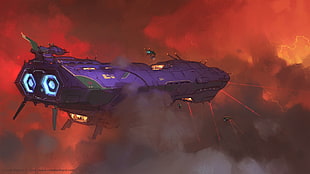 purple and black spaceship illustration, artwork, science fiction, battle