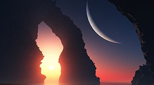 half moon digital wallpaper, Sun, planet, sea, sky