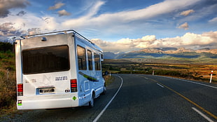 white van, road, landscape, nature, New Zealand