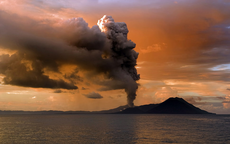 white and black sea shell, volcano, landscape, clouds, sunset HD wallpaper
