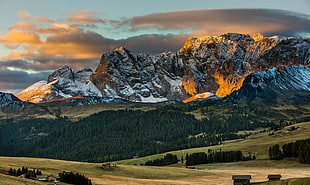 green trees and mountain, sunset, mountains, forest, Dolomites (mountains)