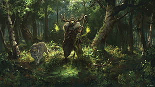 man holding staff illustration, forest, wolf, magic, sorcerer